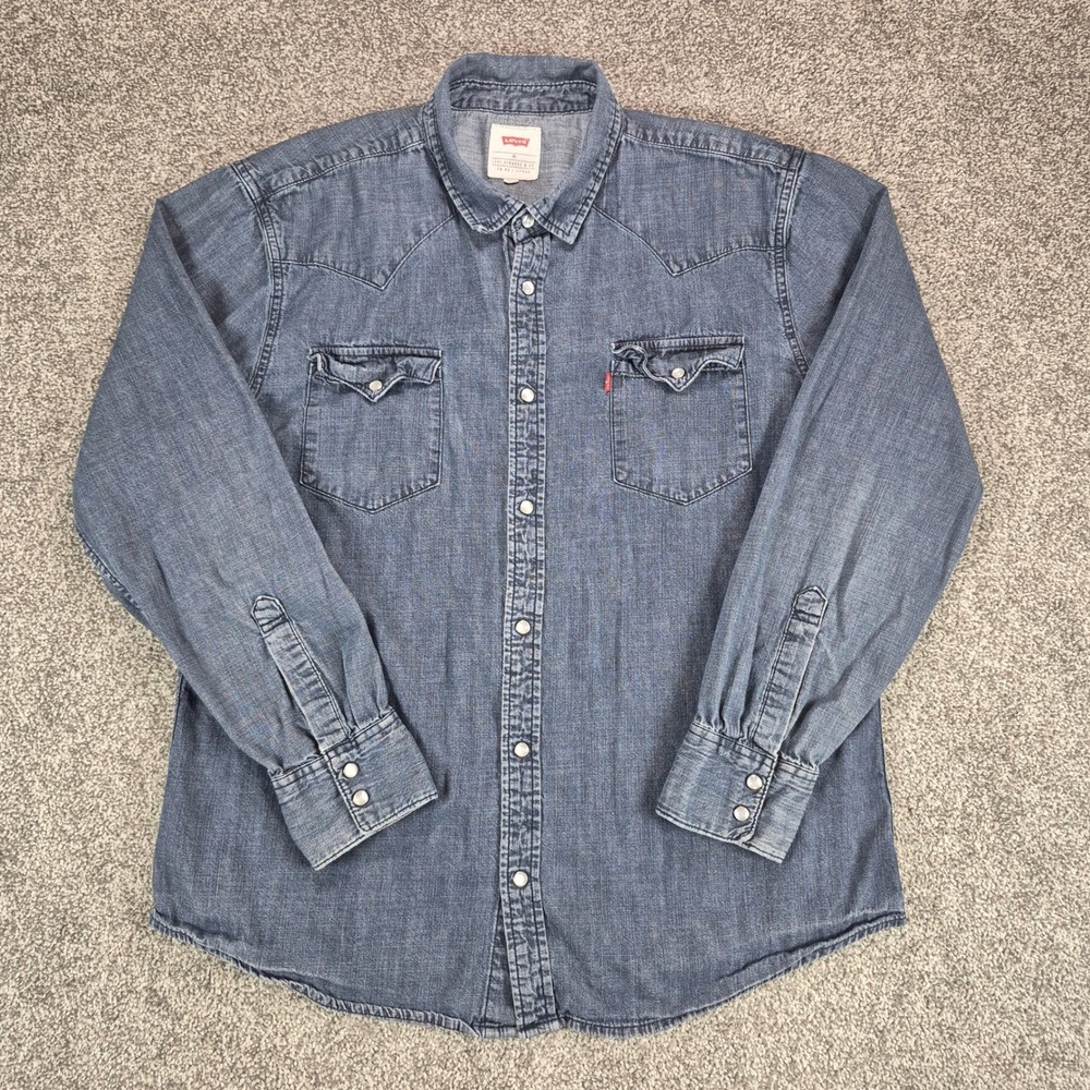 Levi's Barstow Classic Denim Western Shirt Mens XL Blue Pearl Snap Long Sleeve